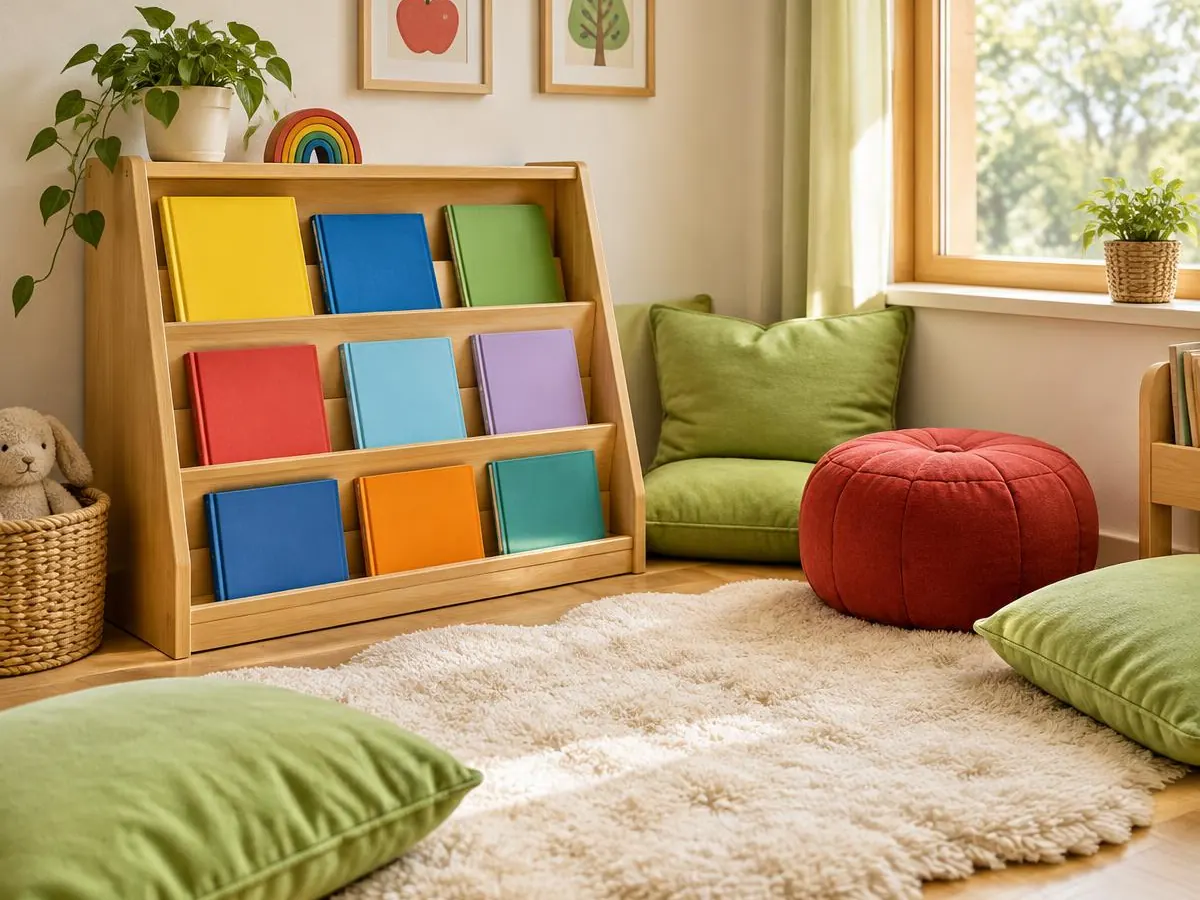 Cosy story corner with a wooden bookshelf of colourful picture books, green floor cushions and a red pouf on a soft rug