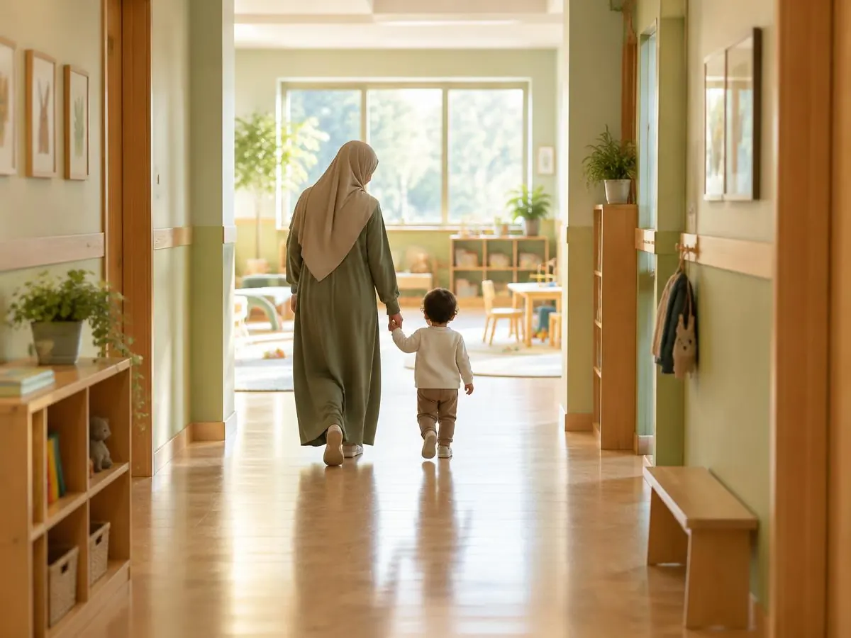 A parent and toddler, seen from behind, walking hand in hand down a bright nursery corridor