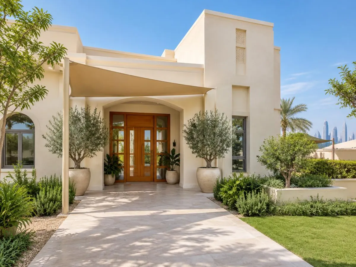 Cream villa-style building entrance with a wooden door, olive trees and a shaded stone path