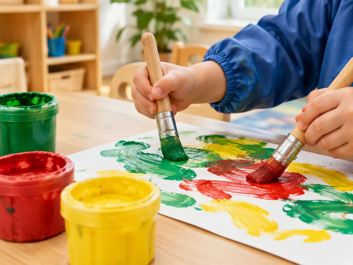 A young child's hands painting green, red and yellow brush strokes at a low art table