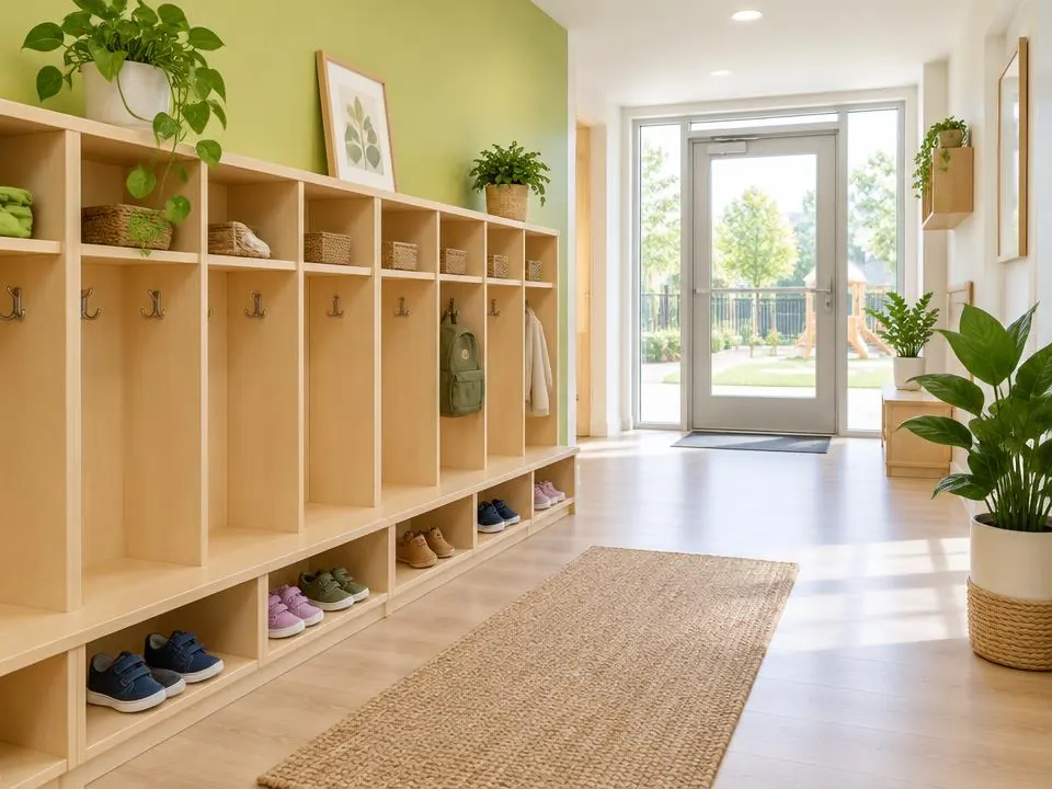 Welcoming entrance hallway with wooden cubbies and small shoes on low shelves