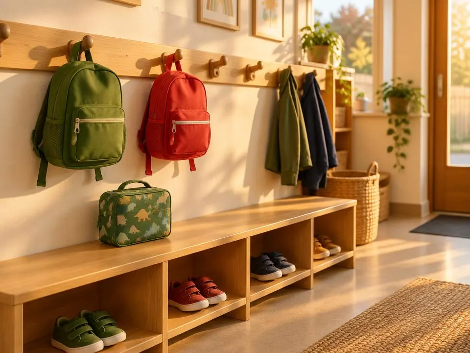 Small green and red backpacks on wooden hooks above a bench with little shoes