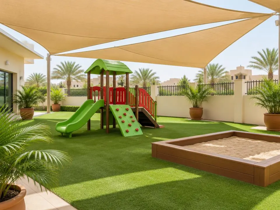 Shaded outdoor play yard with green turf, a small slide, climbing frame and sandpit
