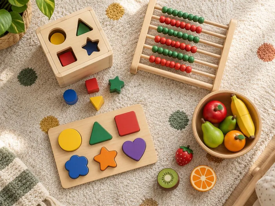 Wooden shape sorter, puzzle, abacus and toy fruit laid out on a soft rug