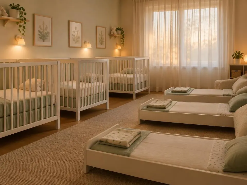Calm nap room with white cribs, low toddler beds and soft green bedding