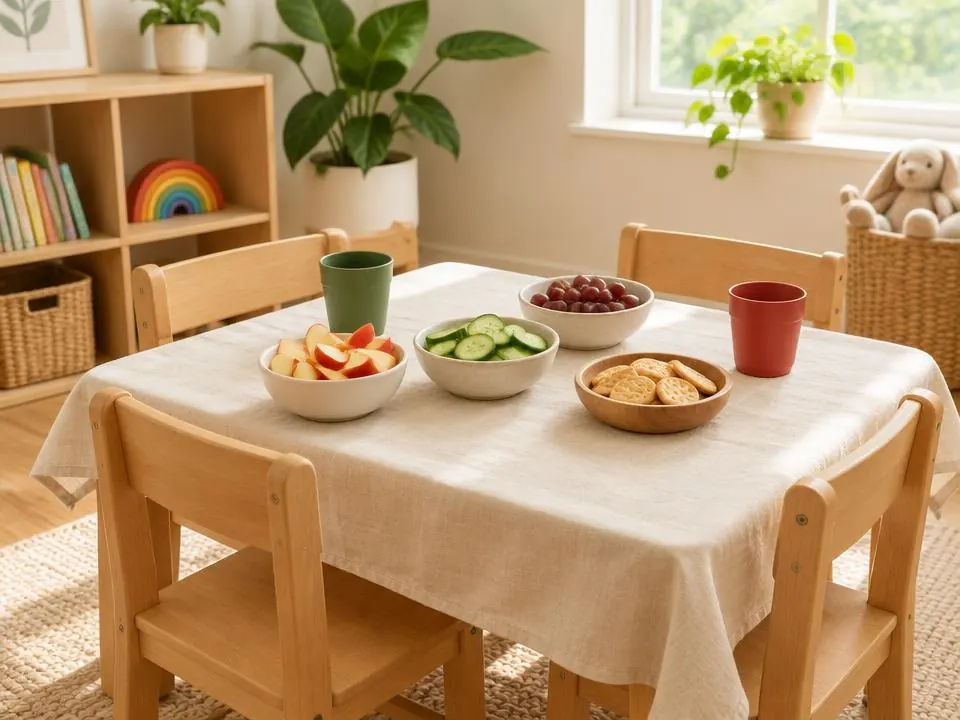 Child-sized snack table with bowls of sliced apple, cucumber, grapes and crackers