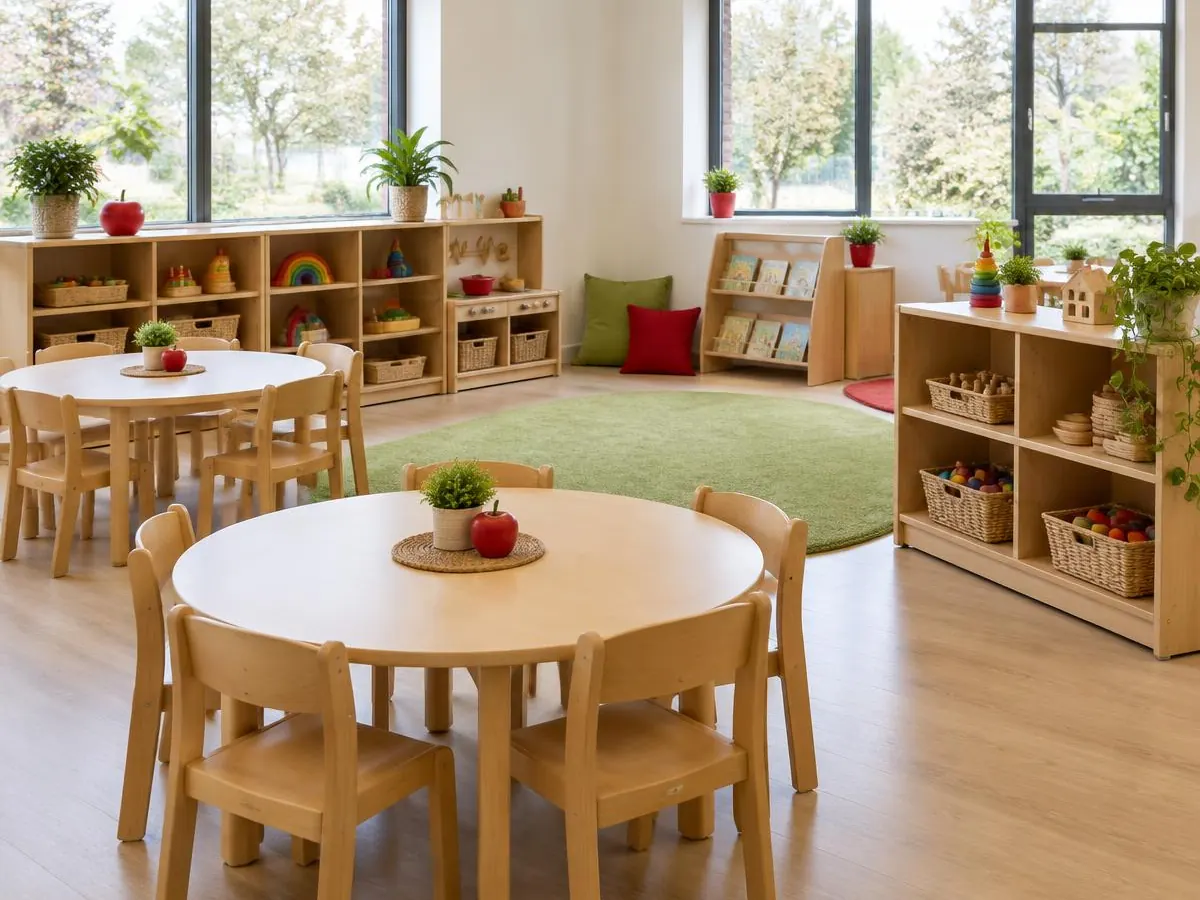 Nursery classroom with round wooden tables, small chairs and shelves of learning materials