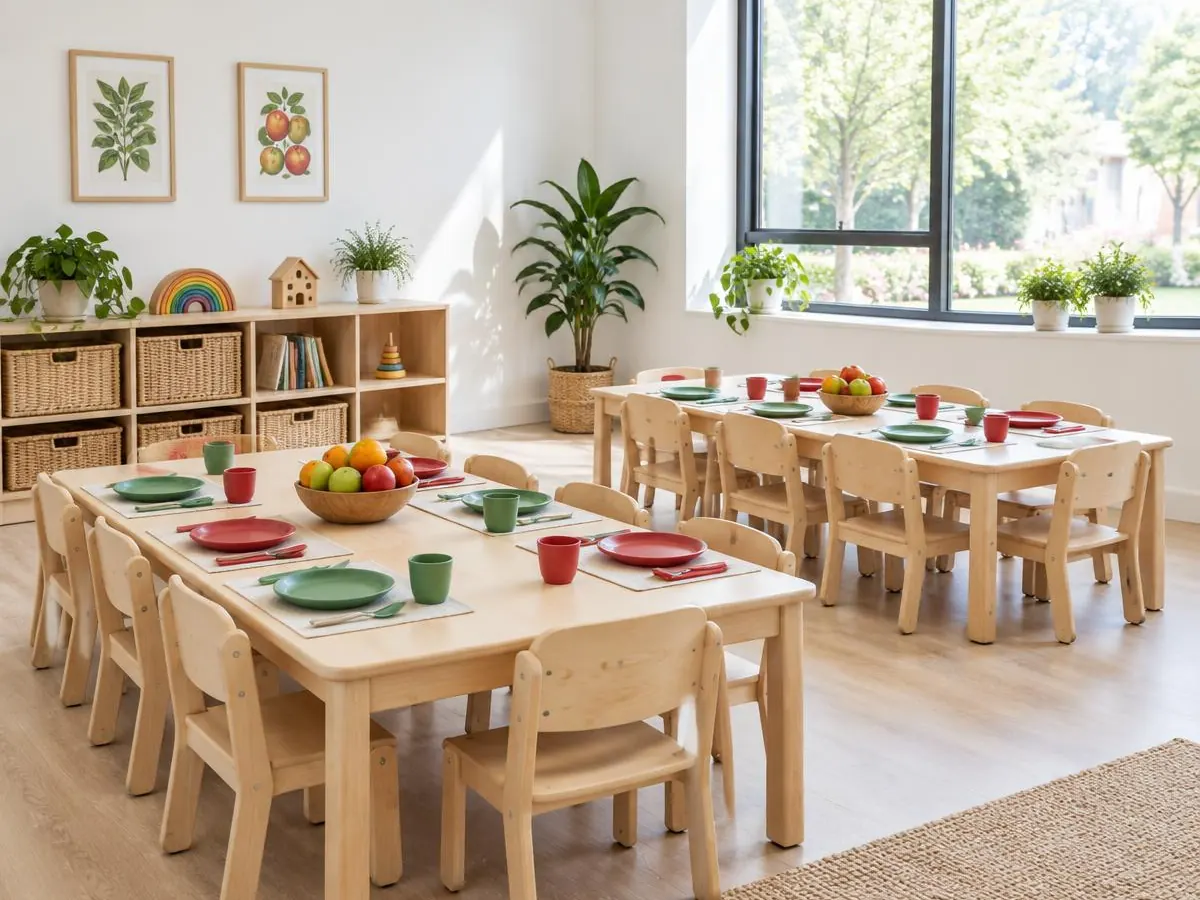 Dining area with low wooden tables set with green and red plates, cups and a bowl of fruit