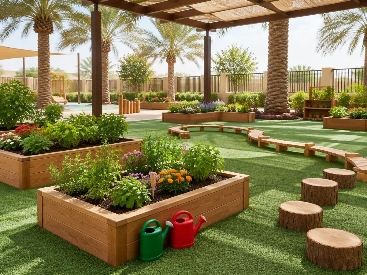 Shaded outdoor garden with raised planting beds, watering cans and wooden stepping stumps