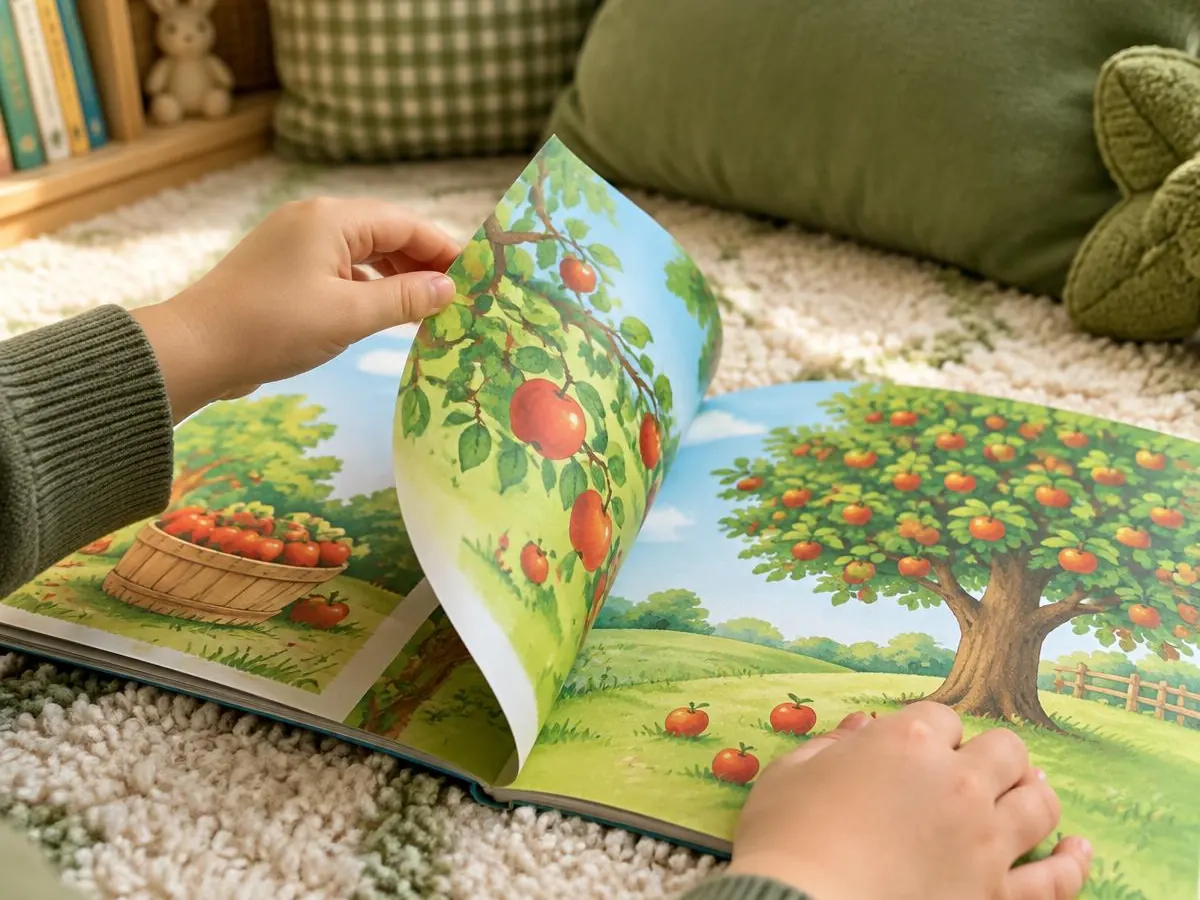 A child's hands turning the pages of a picture book about apple trees