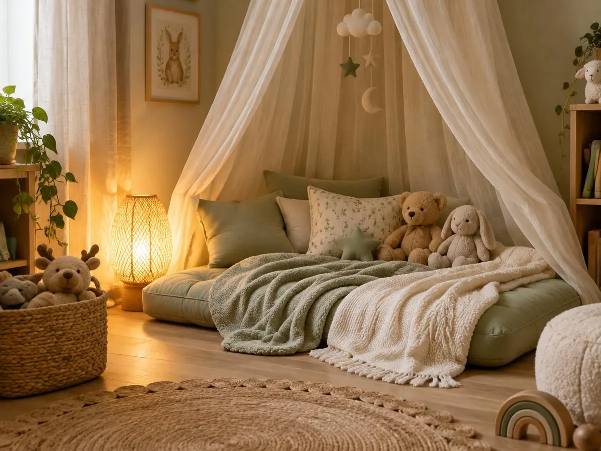 Quiet rest corner with a floor mattress, soft blankets, plush toys and a gentle lamp