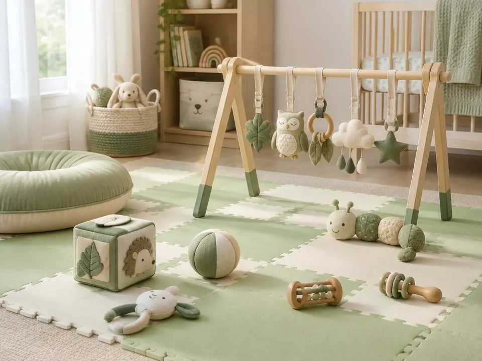 Soft baby play mat with a wooden activity gym and gentle sensory toys