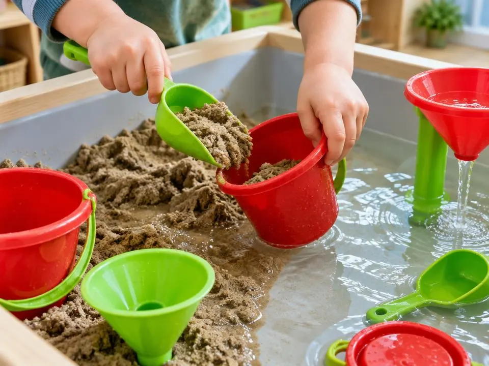 A child's hands scooping sand into a red bucket at a sand and water play table