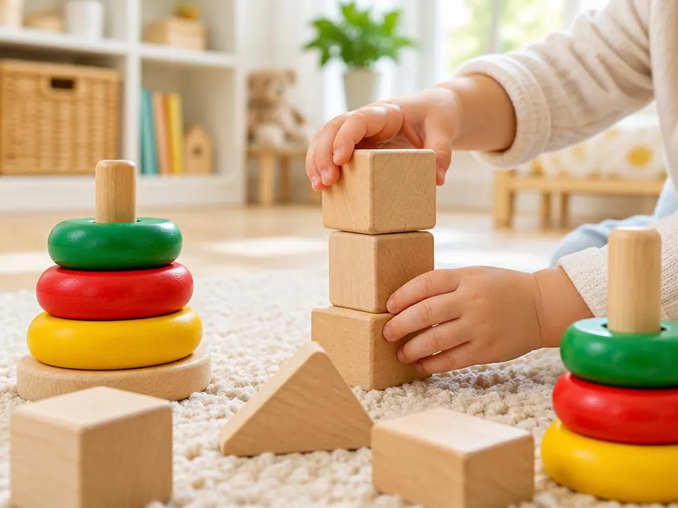 A toddler's hands stacking wooden blocks beside colourful stacking rings