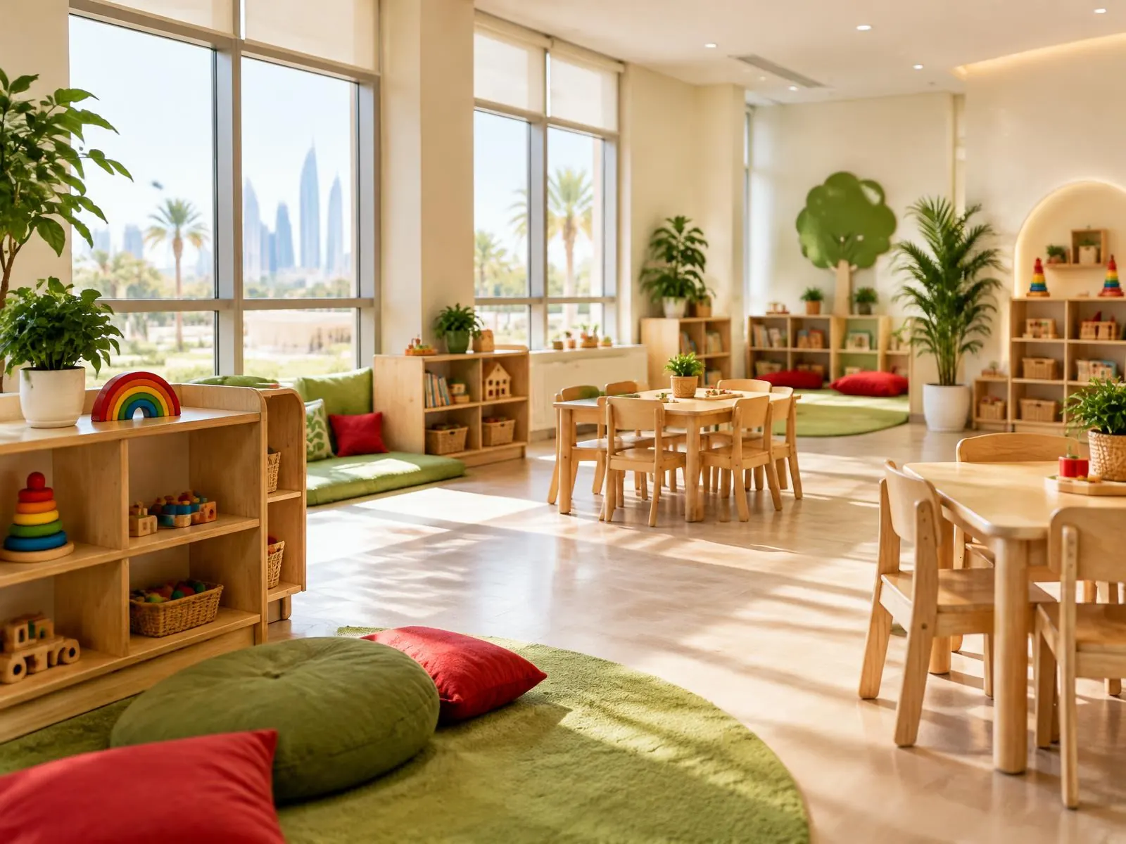 Bright nursery classroom with wooden shelves of toys, green play mats, red cushions and small tables by large sunny windows